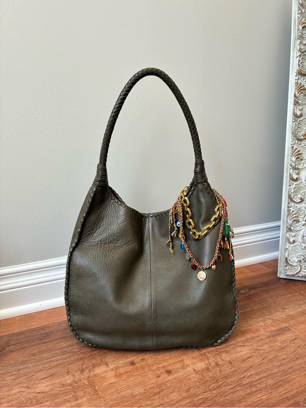 Margot Braided Leather Shoulder Bag, Olive Green